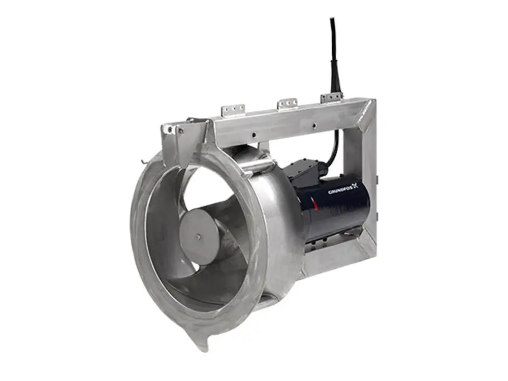 Strömungsbeschleuniger mit einem Gehäuse aus Edelstahl und einem Motor von Grundfos, montiert in einem rechteckigen Rahmen zur Luft- oder Wasserbewegung.